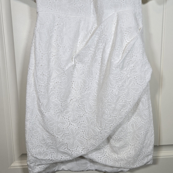 Saints & Secrets Santa Cruz Sun Eyelet White Asymmetrical Puff Sleeve Mini Dress - Picture 6 of 10